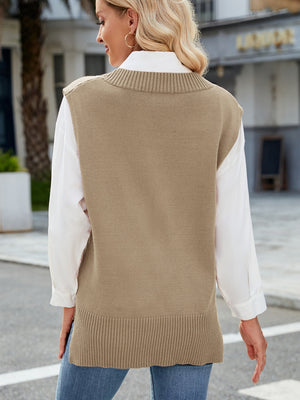 Ribbed knit V-neck sweater vest in Khaki with a relaxed fit, styled over a white shirt.