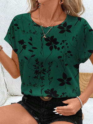 Botanical Elegance Round Neck Shirt in dark green with a black floral print.