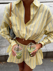 Chic Striped Two-piece Shirt And Shorts Set