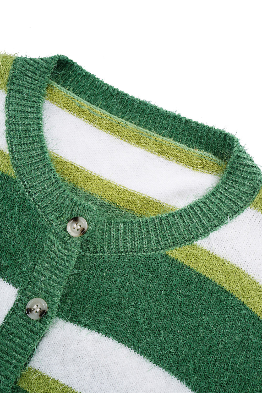 Green striped cropped button-up knit cardigan with fuzzy texture and button details.