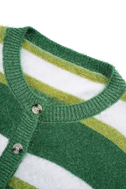 Green striped cropped button-up knit cardigan with fuzzy texture and button details.