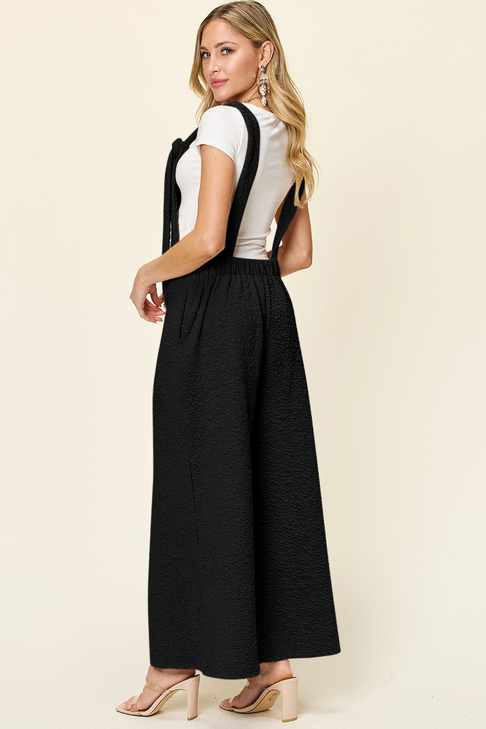 Black textured tie-strap wide-leg maternity jumpsuit with elastic waist