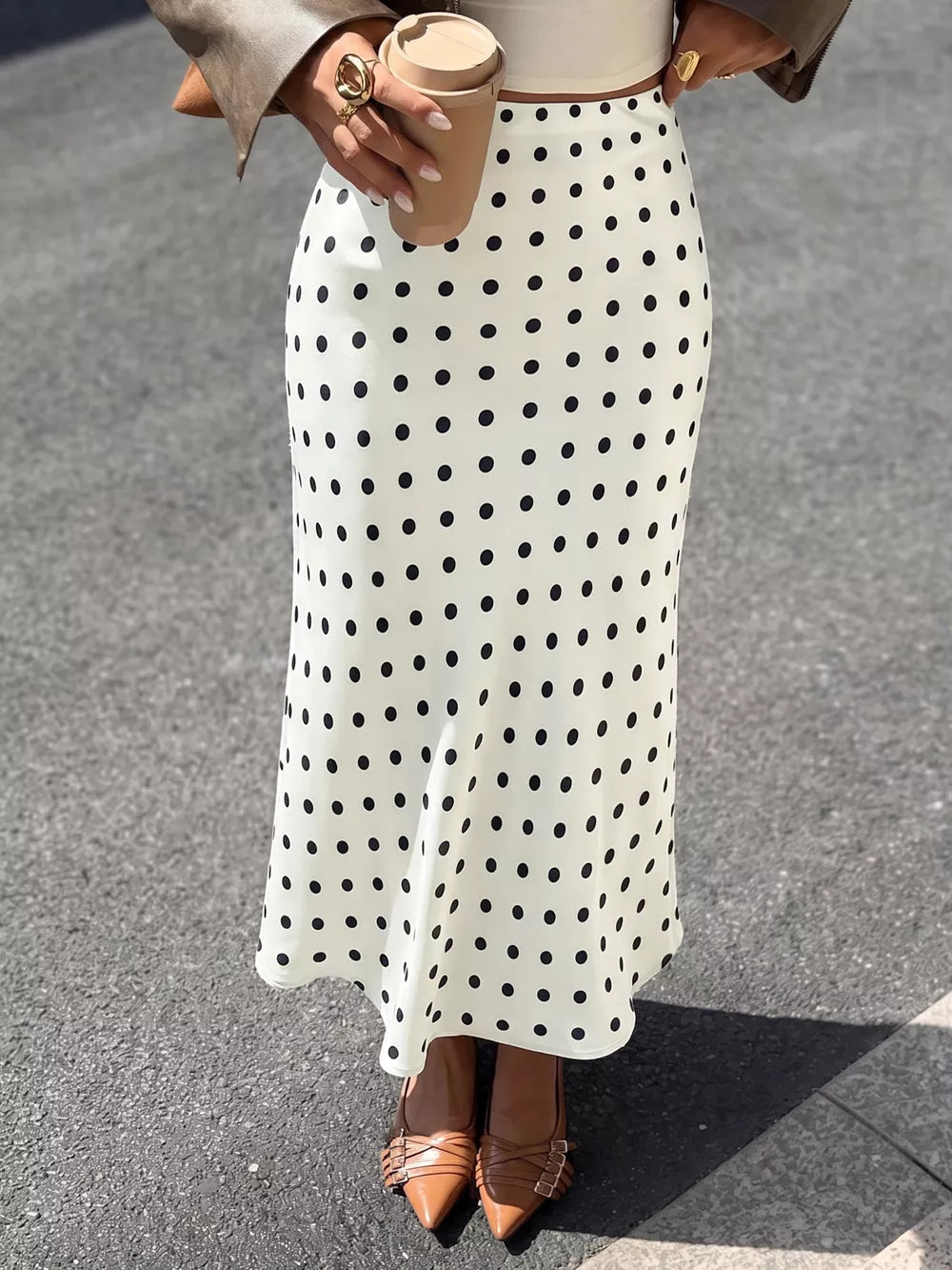 Polka Dot Midi Skirt in Orange-red, front view