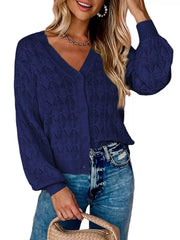 V-neck Openwork Button-down Knit Cardigan in White, view 16