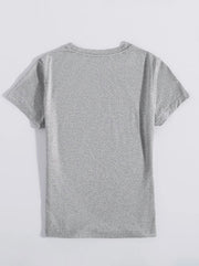 Gray heather t-shirt with short sleeves and crew neck, back view