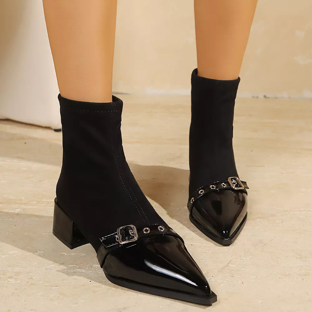 Chic Pointed Toe Sock Boots With Buckle in Black, side view