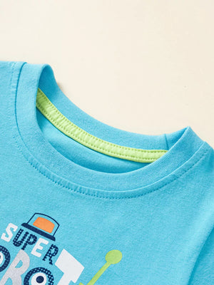 Blue cotton baby tee with "SUPER ROBOT" graphic and lime green neck trim.