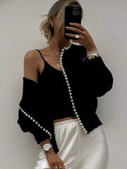 Pearl Trimmed Open Front Cardigan in White, model styling view