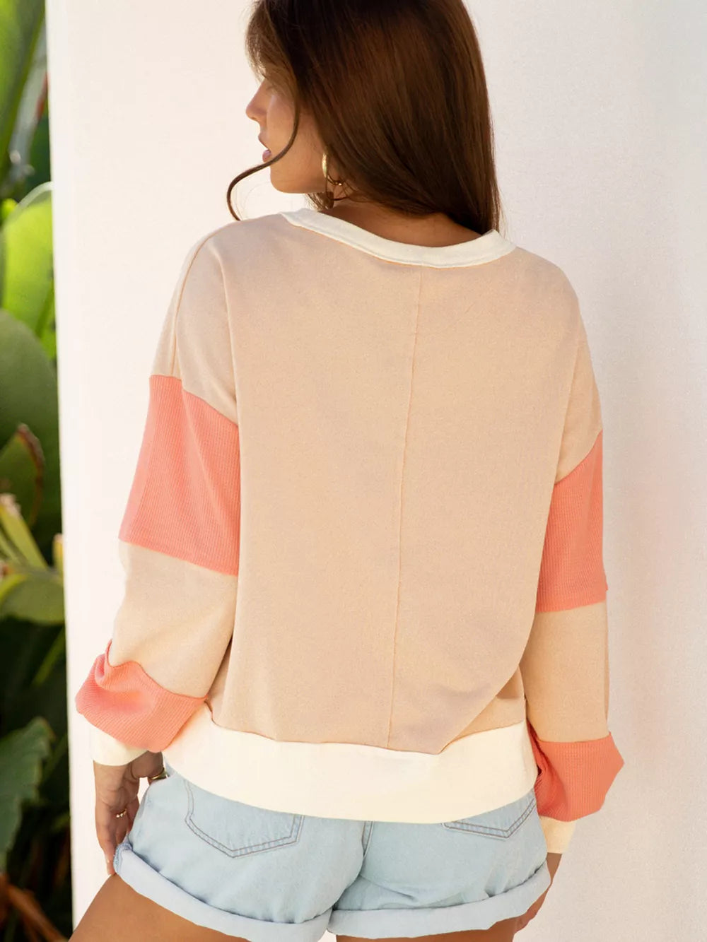 Color Block Textured Patchwork Pullover Sweatshirt in Watermelon pink, side view