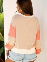 Color Block Textured Patchwork Pullover Sweatshirt in Watermelon pink, side view