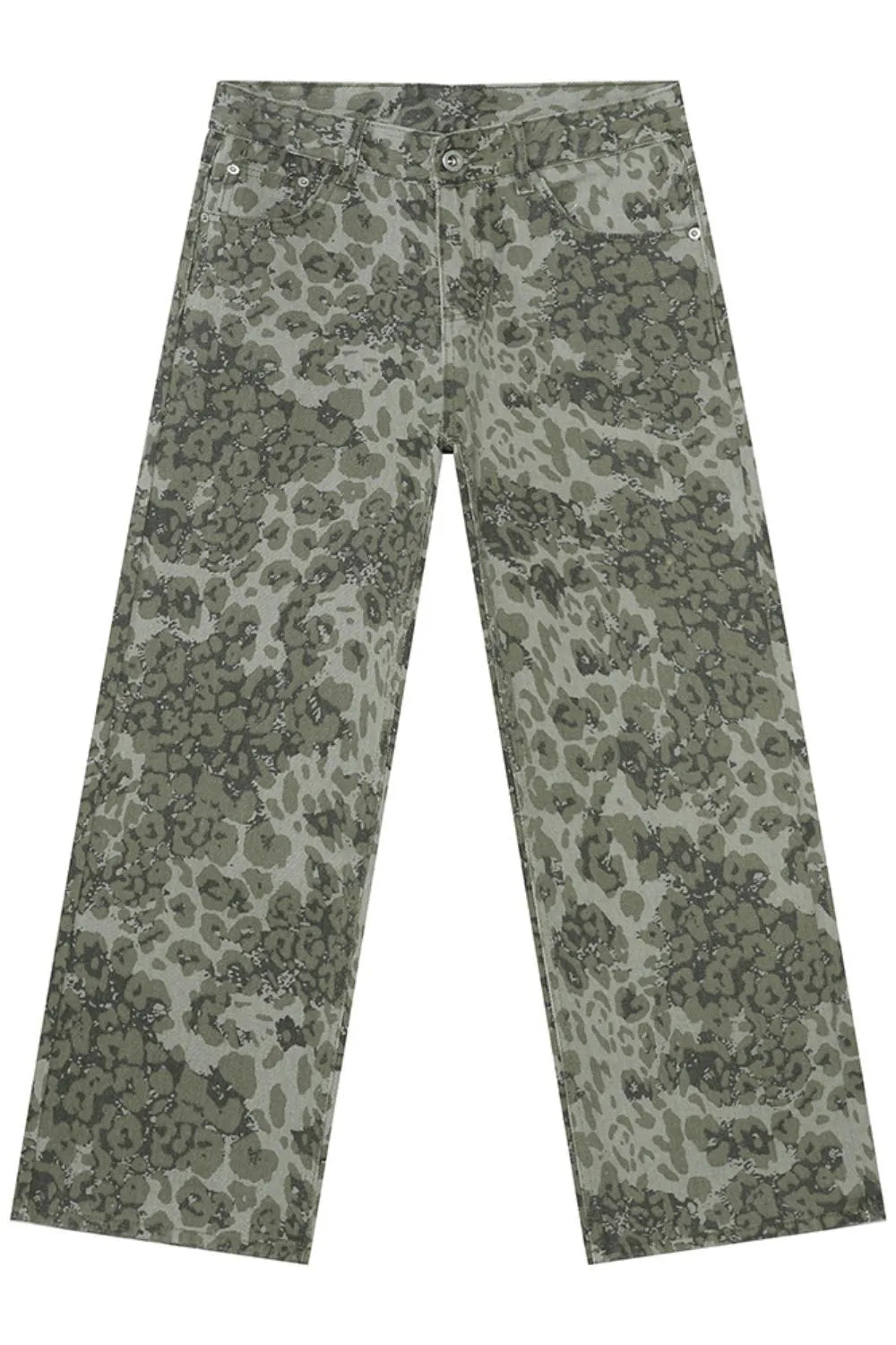 Camouflage wide-leg denim trousers in sage green with a relaxed fit.