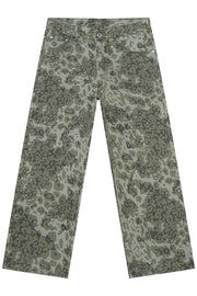 Camouflage wide-leg denim trousers in sage green with a relaxed fit.