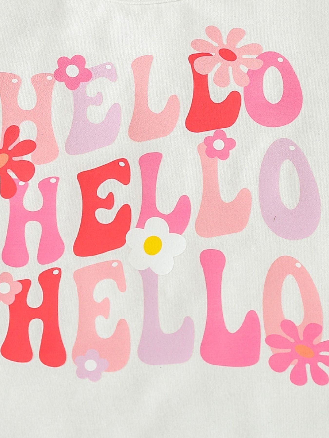 Baby set with "Hello" text and floral graphics in pink and red on white.