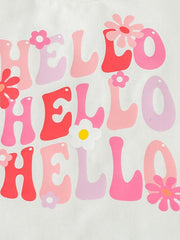 Baby set with "Hello" text and floral graphics in pink and red on white.
