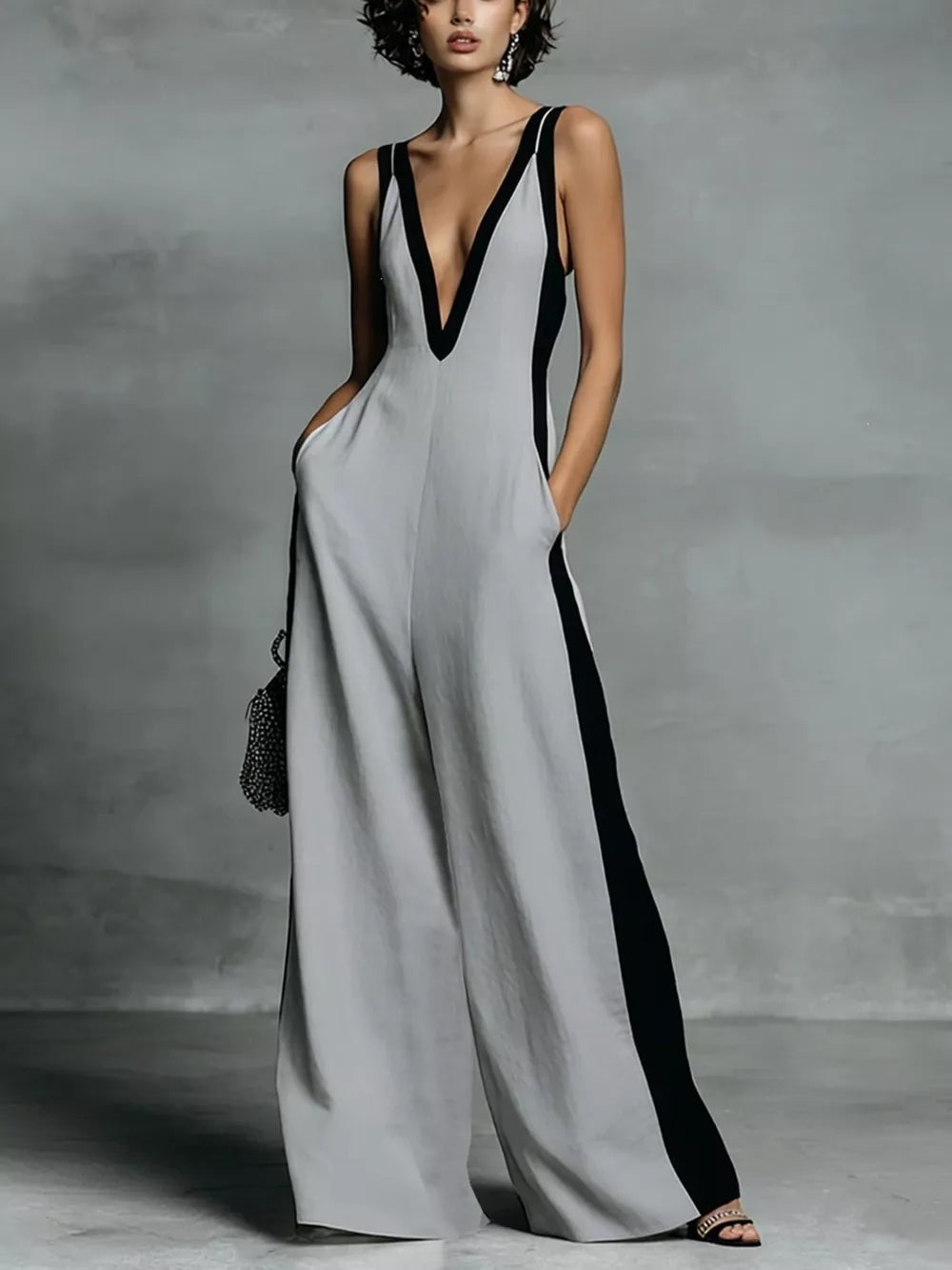 Deep V-neck Wide-leg Jumpsuit, fabric detail