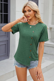 Green asymmetric button-up tee with short sleeves and a rounded neckline.