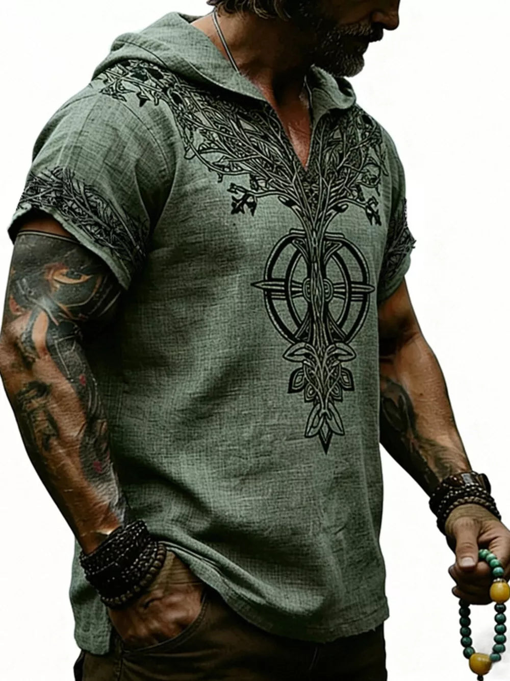 Men's Full Size Printed Hooded Short Sleeve Top in White, side view