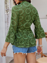 Moss eyelet embroidered peplum blouse with ruffled bell sleeves and high neckline.