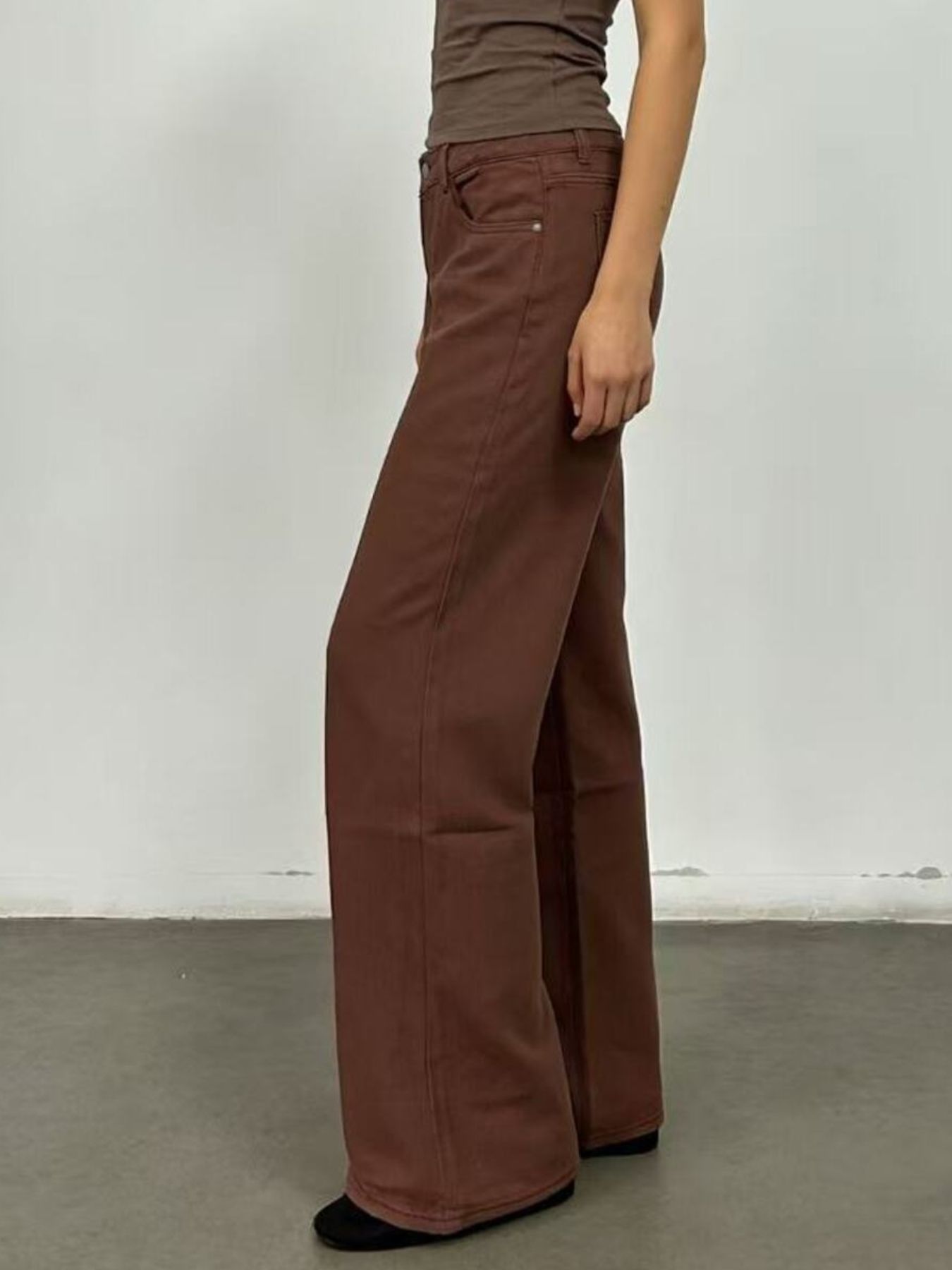Brown cotton blend maternity jeans with high waist and wide leg