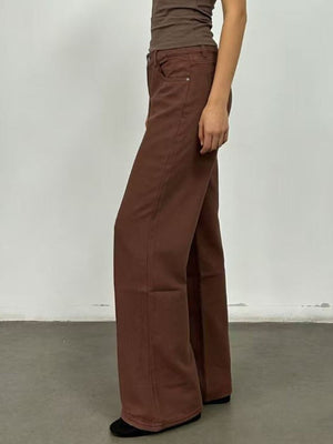 Brown cotton blend maternity jeans with high waist and wide leg