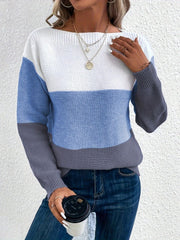 Colorblock ribbed knit sweater with boatneck in white, light blue, and dark gray.