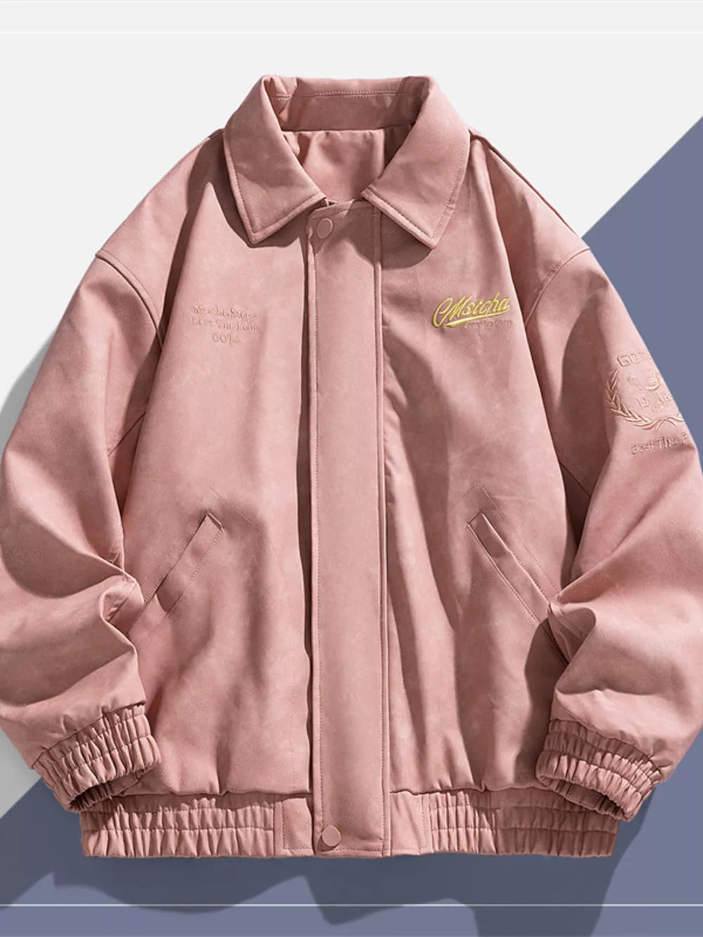 Pink embroidered casual coat with elastic cuffs and classic collar.