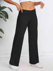 Black palazzo trousers with fold-over waistband, wide leg, and full length.
