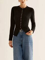 Black button-down slim fit cardigan with gold buttons and a curved hem.