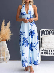 Light blue floral maxi dress with halter neck and a-line cut