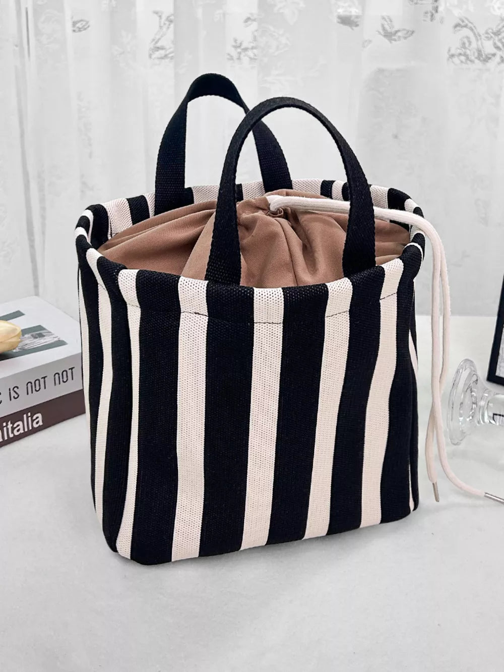 Striped Drawstring Medium Handbag, close-up detail