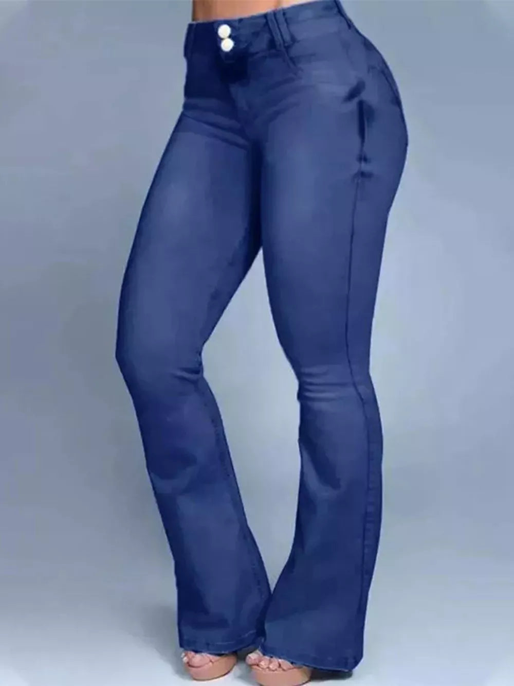 Navy blue high-waisted flare jeans with button closure and flared leg