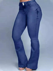 Navy blue high-waisted flare jeans with button closure and flared leg