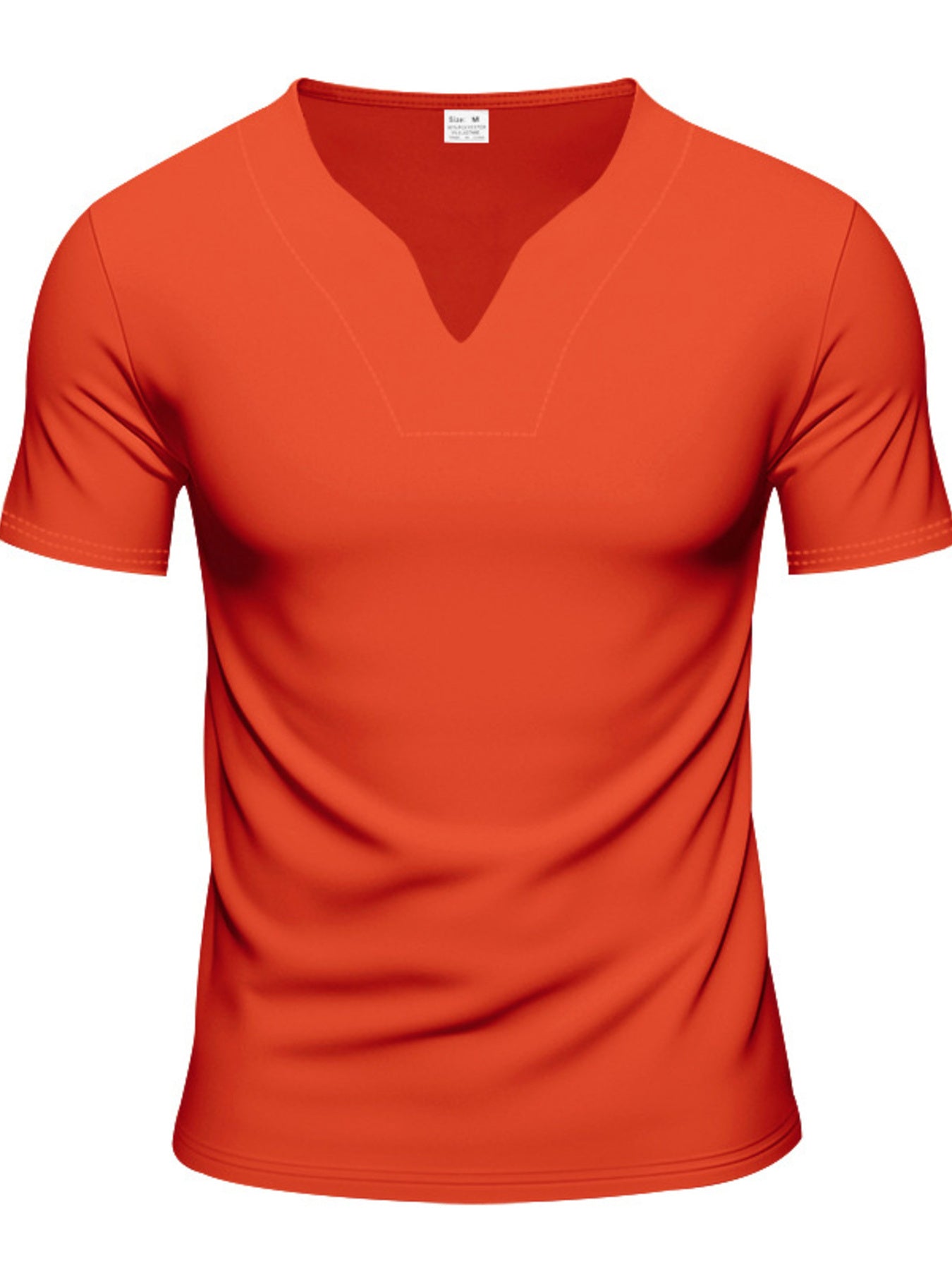 Orange v-neck tee with notched collar and short sleeves.