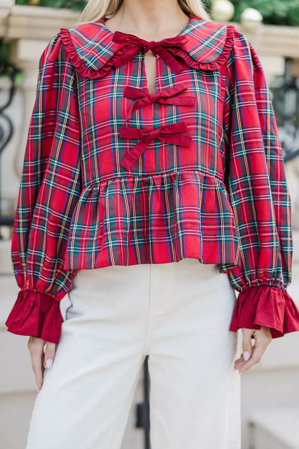 Plaid Tie Neck Ruffle Cuffs Blouse, front view