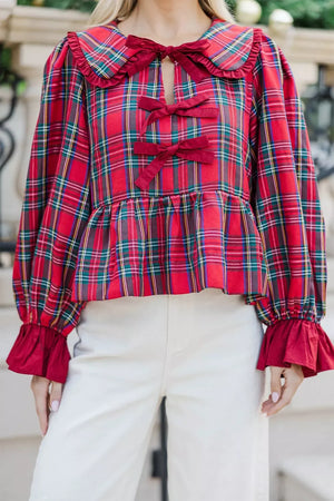 Plaid Tie Neck Ruffle Cuffs Blouse, front view