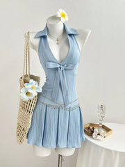 Halter Neck Bow Tie Pleated Mini Dress, front view