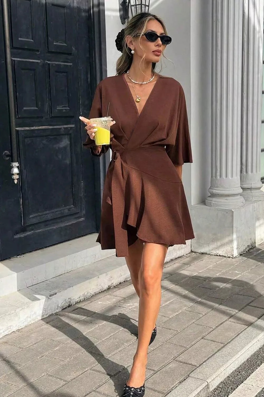 Surplice Half Sleeve Mini Dress in Burgundy, model styling view