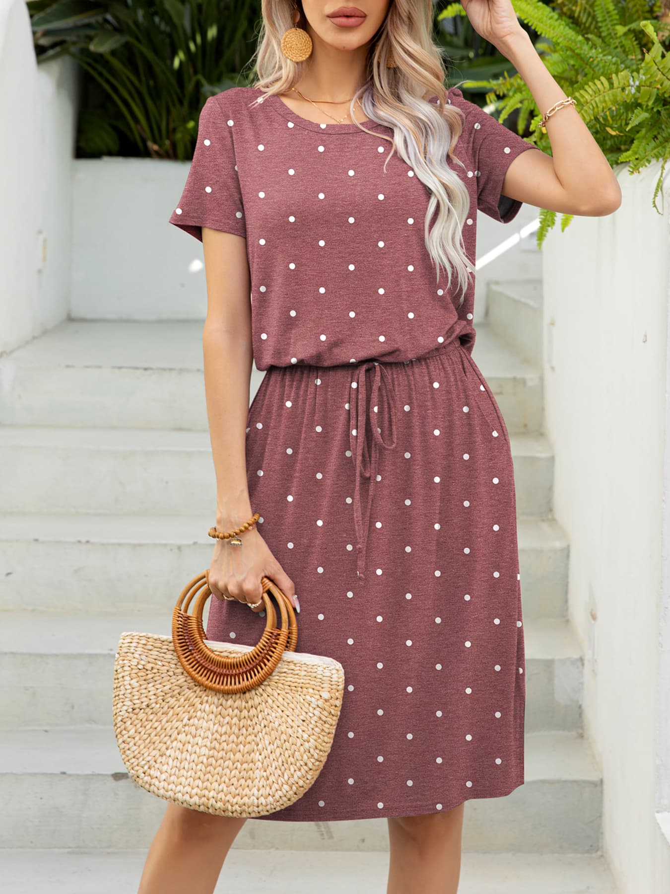 Drawstring waist midi dress in Moonlit Mauve with white polka dots, short sleeves, and round neckline.