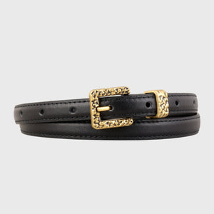 Black cowhide leather belt with ornate gold buckle detail.