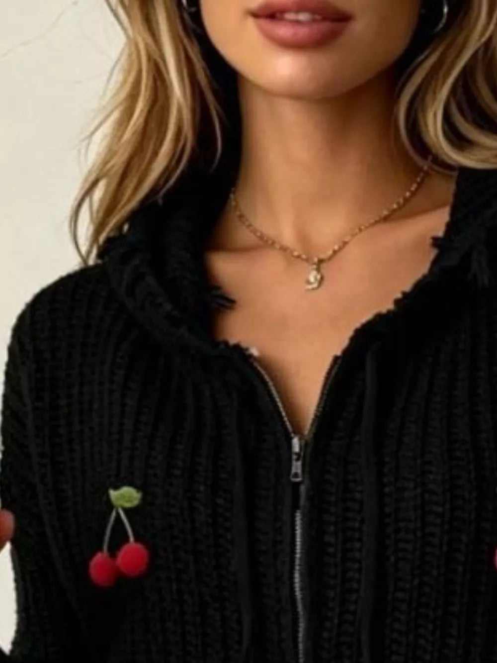 Cherry Knit Zip-up Hooded Sweater in Black, back view