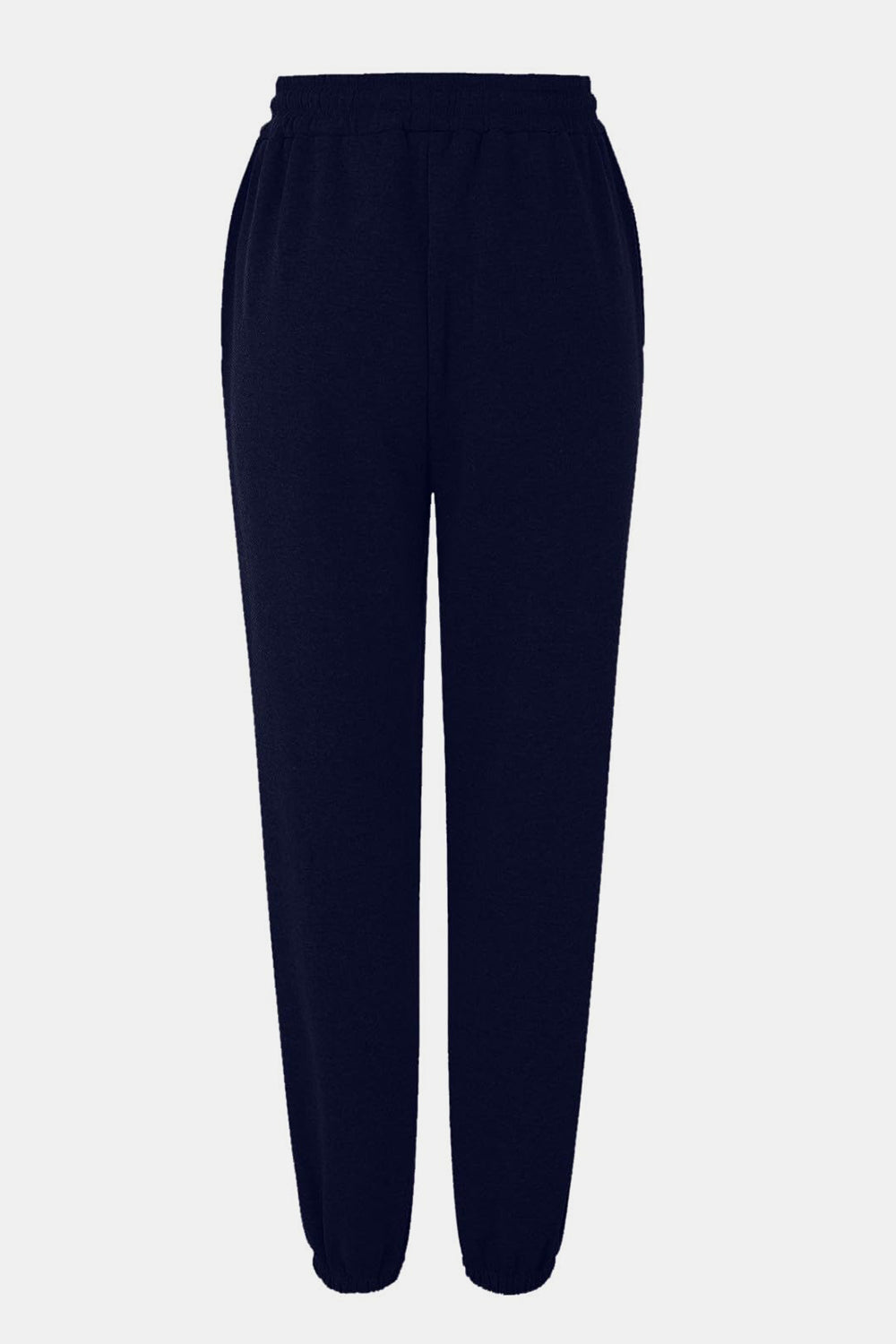 Navy sweatpants with gathered cuffs and elastic waistband.