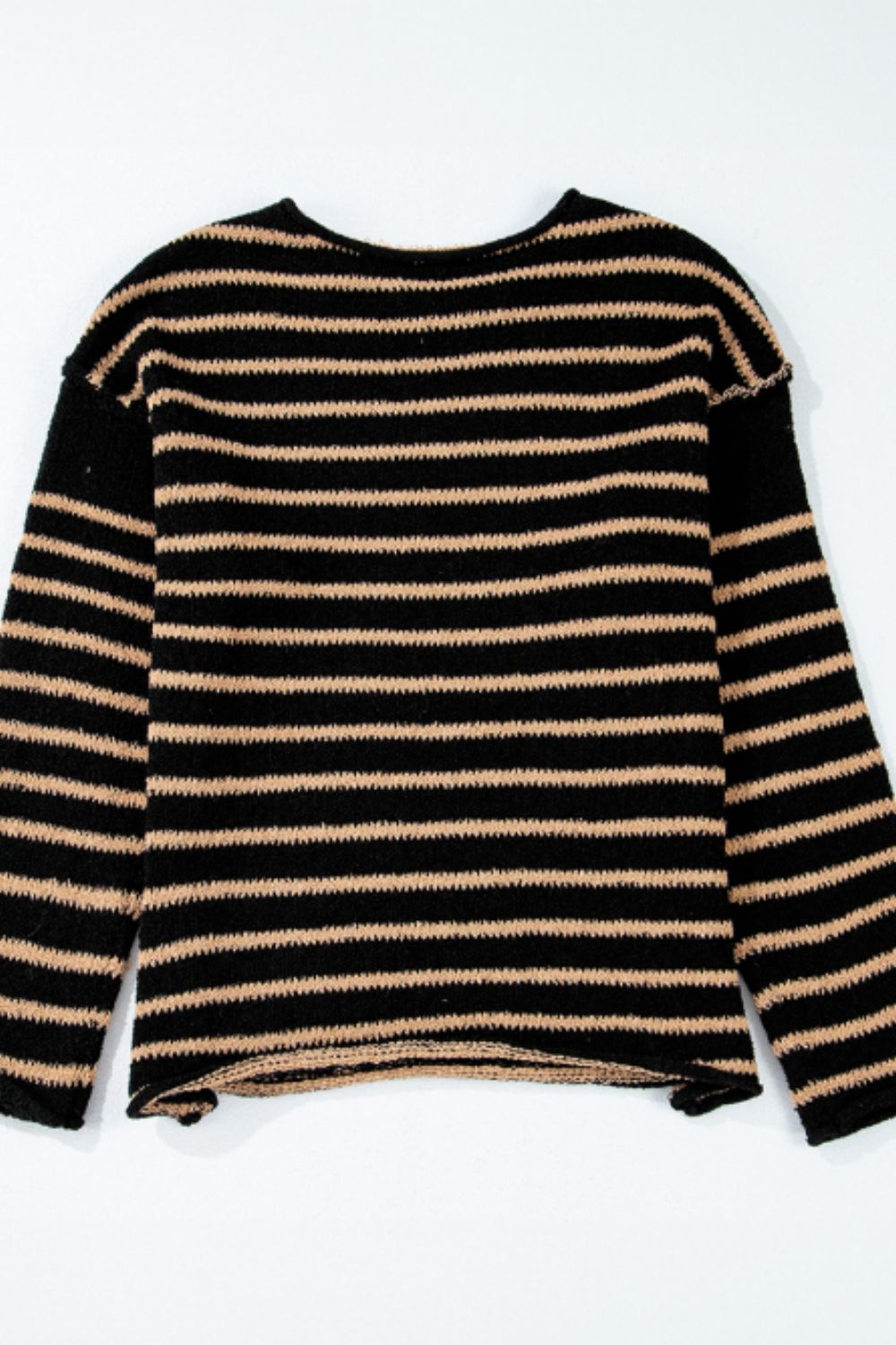 Black and tan horizontal stripe slouchy knit jumper with crew neck.