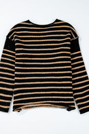 Black and tan horizontal stripe slouchy knit jumper with crew neck.