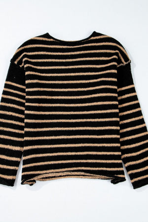 Black and tan horizontal stripe slouchy knit jumper with crew neck.