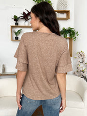 Tiered sleeve jersey tee in mocha with a relaxed fit and crew neck.