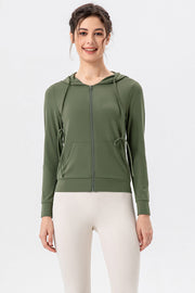 Matcha green zip-up hoodie with drawstrings and pockets.