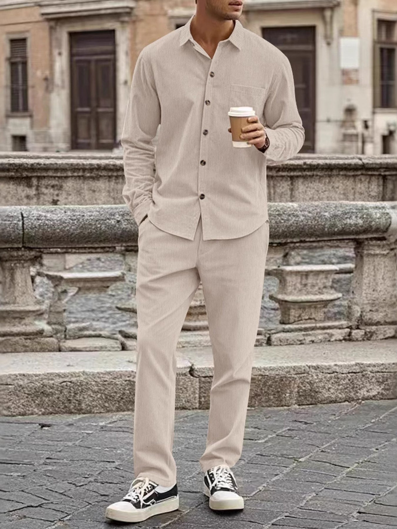 Men's Full Size Button Up Long Sleeve Shirt And Pants Set, front view