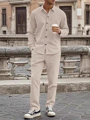 Men's Full Size Button Up Long Sleeve Shirt And Pants Set, front view