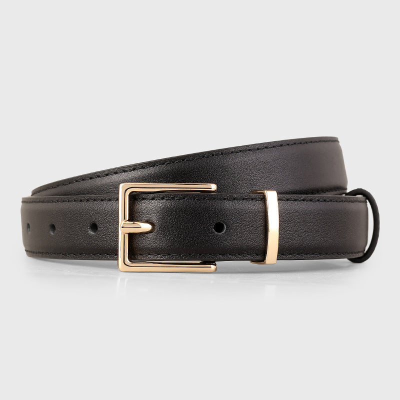 Black leather belt with a minimalist golden buckle and adjustable fit.