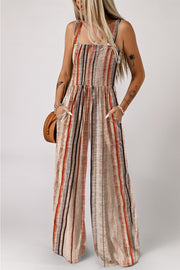 Striped square neck wide-leg romper with pockets and adjustable straps.